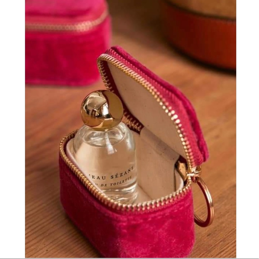 Sezane Leau perfume & mini pink velvet zip keychain